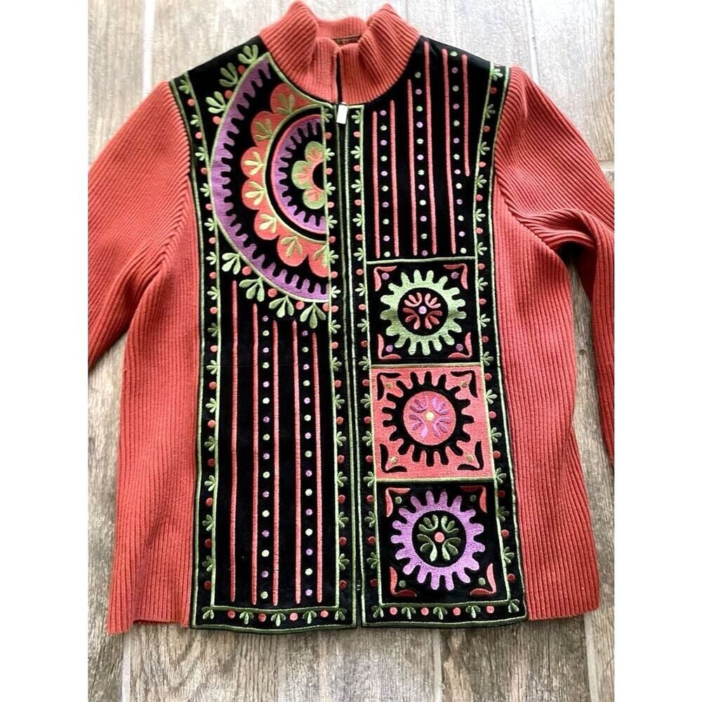 Vintage Bob Mackie Suede Leather Jacket M Knit Sweater Embroidered Wearable Art